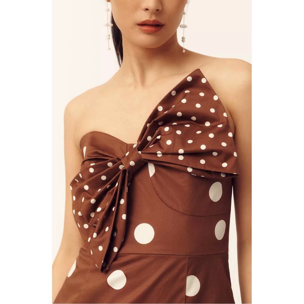 Anthropologie Hutch Strapless Bow Slim Mini Dress in Brown Polka Dot L NWT $218 - Picture 4 of 6